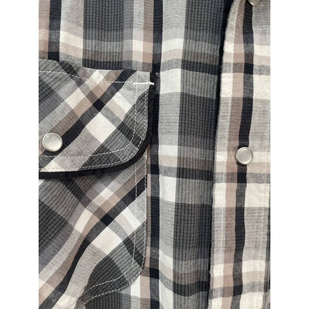 Levis Men L Western Pearl Snap Button up  Shirt Plaid Cotton Piping‎ CowBoy Gray